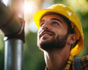 Worker in hard hat inspecting pipes carefully during construction.