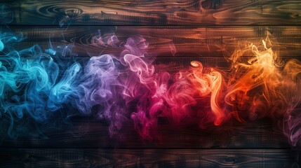 Wall Mural - Colorful Smoke on Rustic Wooden Background