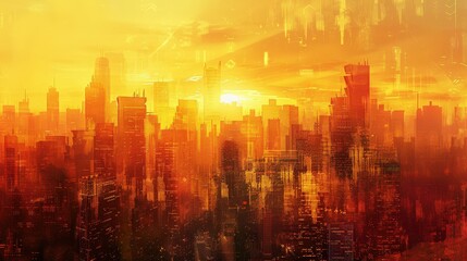 Wall Mural - Sunset Cityscape with Warm Colors and Digital Effects