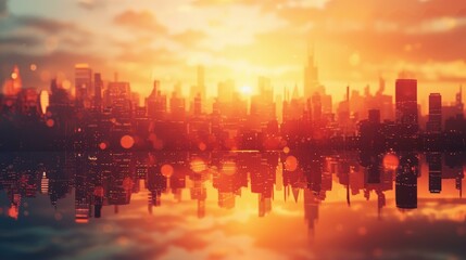 Wall Mural - Cityscape Reflection Sunset  -  Silhouettes of Buildings