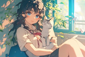 Sticker - Anime girl with cat in window with flowers and sunlight