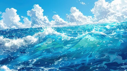 Blue Ocean Waves With White Clouds and Bubbles