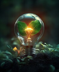 Wall Mural - Classic light bulb with plants leaves inside it's glass and around it, sustainable development and responsible environmental, Energy sources for renewable, Ecology and ESG concept