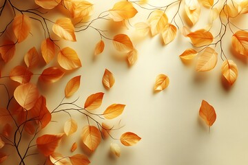 Abstract autumn leaves scattered on a minimal beige background with warm tones