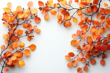 Autumn leaves and branches on a white background with copy space.