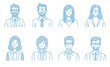 © Werckmeister - Minimalist line art icon set of avatar people, business people in office attire with blue lines on a white background.