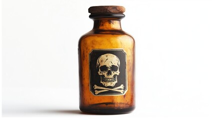 Wall Mural - one single old glass retro fashioned brown poison bottle with dead skull and bones label on it isolated on white background