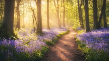 Poster - Sunlit Path Through Bluebell Forest