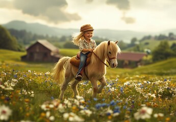 Young child enjoys a joyful ride on a small pony through a colorful meadow under a bright sky in the countryside