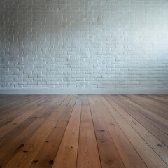 Empty room with white brick wall and wooden floor