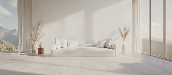 Minimalist white interior featuring a sofa on wooden flooring decor adorning a large wall and a serene landscape visible through the window Nordic style 3D illustration