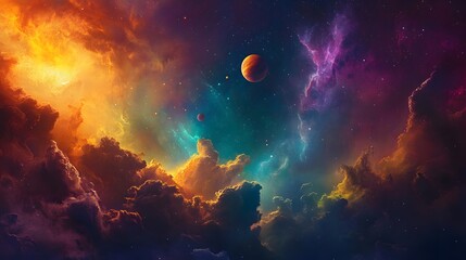 Wall Mural - solar system with nebula: the solar system viewed against a colorful nebula, with the planets glowin
