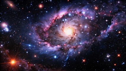 A vibrant, swirling galaxy with a central core of light and scattered stars.