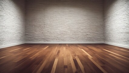 Empty room with white brick wall and wooden floor