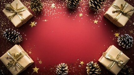 festive christmas decorations with gifts and pine cones on a dark red background 