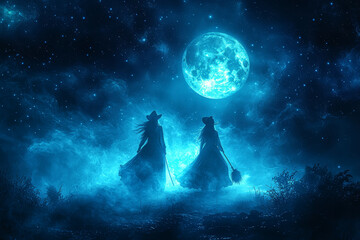 Wall Mural - a pair of witches flying on broomsticks across a starry night sky, with a full moon in the backgroun