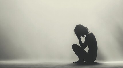 Wall Mural - Silhouette of a sad woman sitting on the floor and praying in the dark.