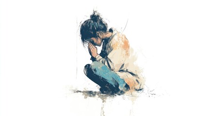 Young woman sitting on the floor in prayer, digital illustration in watercolor style.
