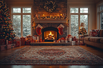 Wall Mural - A cozy living room with a fireplace, stockings hung, and presents wrapped under the tree. Concept of Christmas Eve and warm holiday moments.