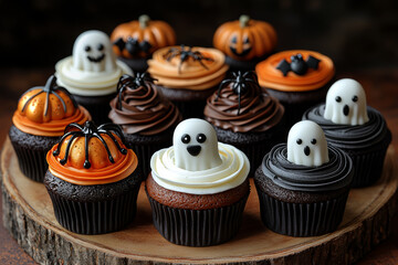 Canvas Print - A collection of Halloween-themed cupcakes decorated with spiders, ghosts, and pumpkins. Concept of Halloween treats and festive baking.