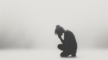 Wall Mural - Silhouette of a sad woman sitting on the floor in a white room, praying.