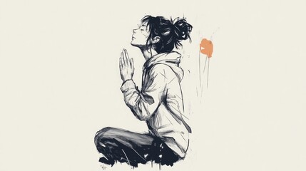 Wall Mural - Young woman praying. Hand drawn illustration of a young woman praying.