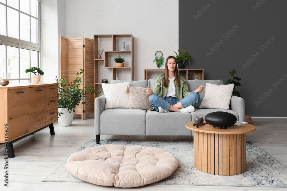 Young woman meditating with glucophone on table at home