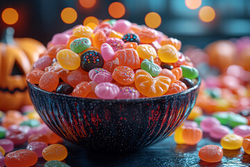 Sticker - A bowl overflowing with assorted Halloween candies, ready for trick-or-treaters. Concept of Halloween treats and childhood excitement.