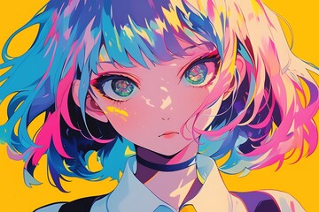 Canvas Print - Anime girl with colorful hair and eyes on yellow background