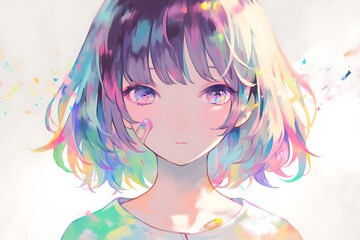 Wall Mural - Cute Anime Girl with Colorful Hair and Eyes