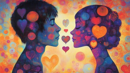 A vibrant and colorful artwork featuring the silhouettes of two individuals facing each other, with numerous heart shapes and abstract patterns surrounding them, symbolizing love and connection.