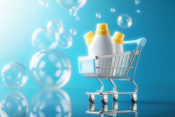 Small shopping cart on shiny surface, blue background with floating bubbles. Contains two white bottles with yellow caps, reminiscent of detergent or cleaning products