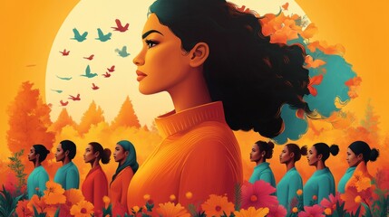 Illustration of a woman in profile with abstract, colorful background, vivid orange and blue colors, depicting nature and unity with vibrant flowers and birds flying.