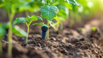 Sticker - Close-Up of a Sprinkler System in a Field of Seedlings