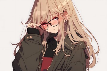 Anime girl with long blonde hair wearing glasses and a jacket