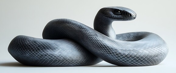 A coiled black snake with intricate scales, positioned against a plain white backdrop.