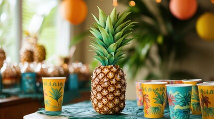 A fun tropical-themed party scene with a pineapple centerpiece, tiki cups, and colorful decorations.