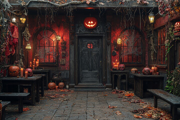 Wall Mural - A Victorian orphanage organizing a Halloween party with spooky stories, costumes, and a haunted house experience. Concept of Halloween in a Victorian orphanage.