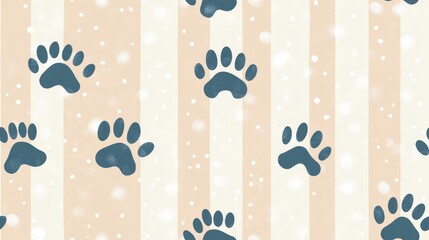 Wall Mural - Charming pattern featuring dog paws set against pastel blue stripes and a beige background with small dots Hand drawn design ideal for wall art gift wrap fabric and textiles