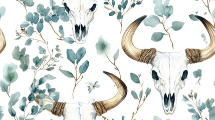 Watercolor bull skull seamless pattern featuring boho chic style textures buffalo heads and eucalyptus branches Hand drawn wallpaper design in a tribal style with natural elements set against a wh