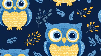 Wall Mural - blue and yellow adorable owls seamless pattern