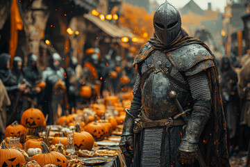 Canvas Print - A group of knights and nobles celebrating All Hallows' Eve with a jousting tournament and a haunted banquet. Concept of Halloween in the Age of Chivalry.