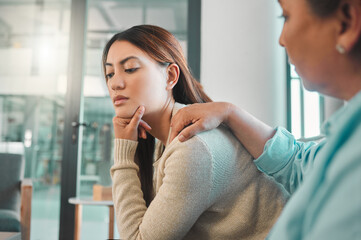 Poster - Support, therapist and woman in office for counseling, professional care or consultation for stress. Mental health, helping hand and psychologist with medical advice for patient on couch in clinic.