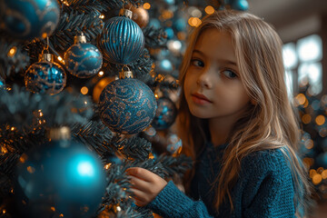 Wall Mural - A family decorating a Christmas tree, but the ornaments are all mismatched and falling apart. Concept of the imperfection of holiday traditions.