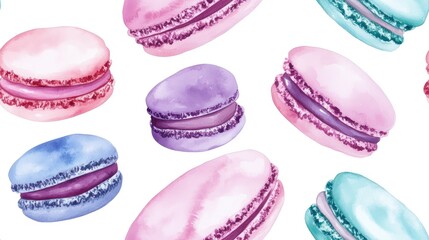 Wall Mural - Colorful watercolor seamless pattern featuring cream violet and turquoise macarons with berry pink cream viewed from the side