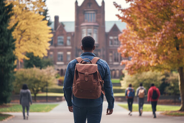 Black student with a brown backpack at school or university campus ready for learning, goals or targets. Education, scholarship and learning concept.