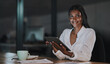 © peopleimages.com - Night, tablet and portrait with business woman in office for network, communication or administration. Auditor, processing clerk and online report with person in agency for system record and feedback
