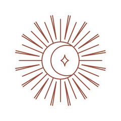 Wall Mural - vector bohemian logo design template with sun,sunburst and crescent moon. boho linear icon or symbol