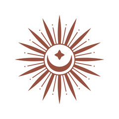 Wall Mural - vector bohemian logo design template with sun,sunburst and crescent moon. boho linear icon or symbol