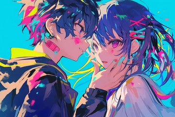 Sticker - Anime Couple in Love with Colorful Abstract Background